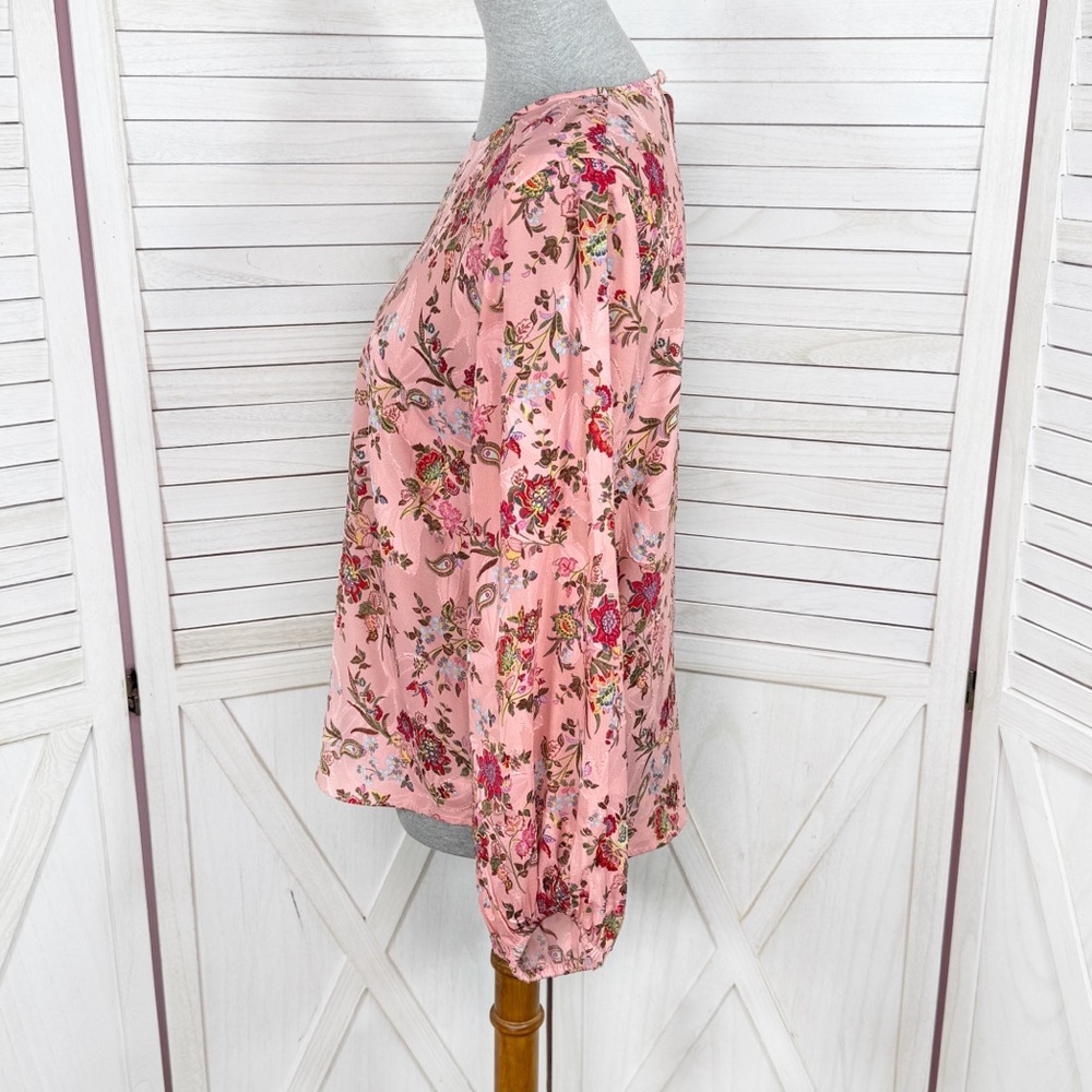 Loft Floral Jacquard Ballon Sleeve Blouse Pink Satin Boho Career Cottagecore S - Picture 3 of 13